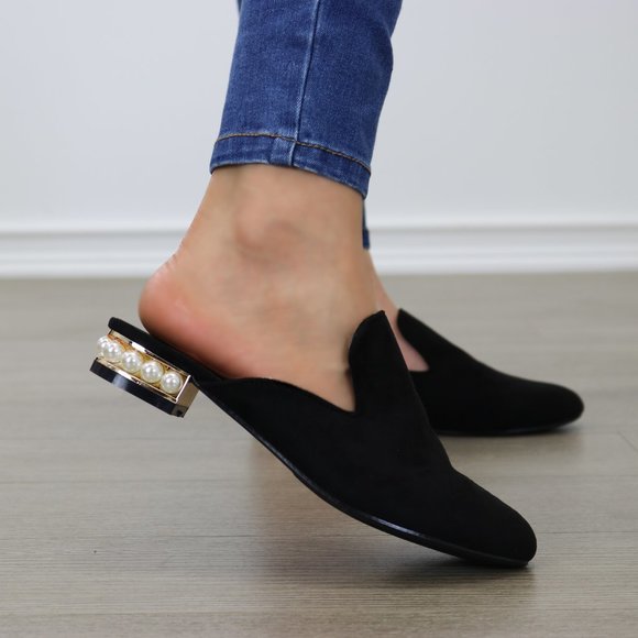 Suede Slip On Loafer Mule Pearl Accents on Heel - Picture 11 of 13